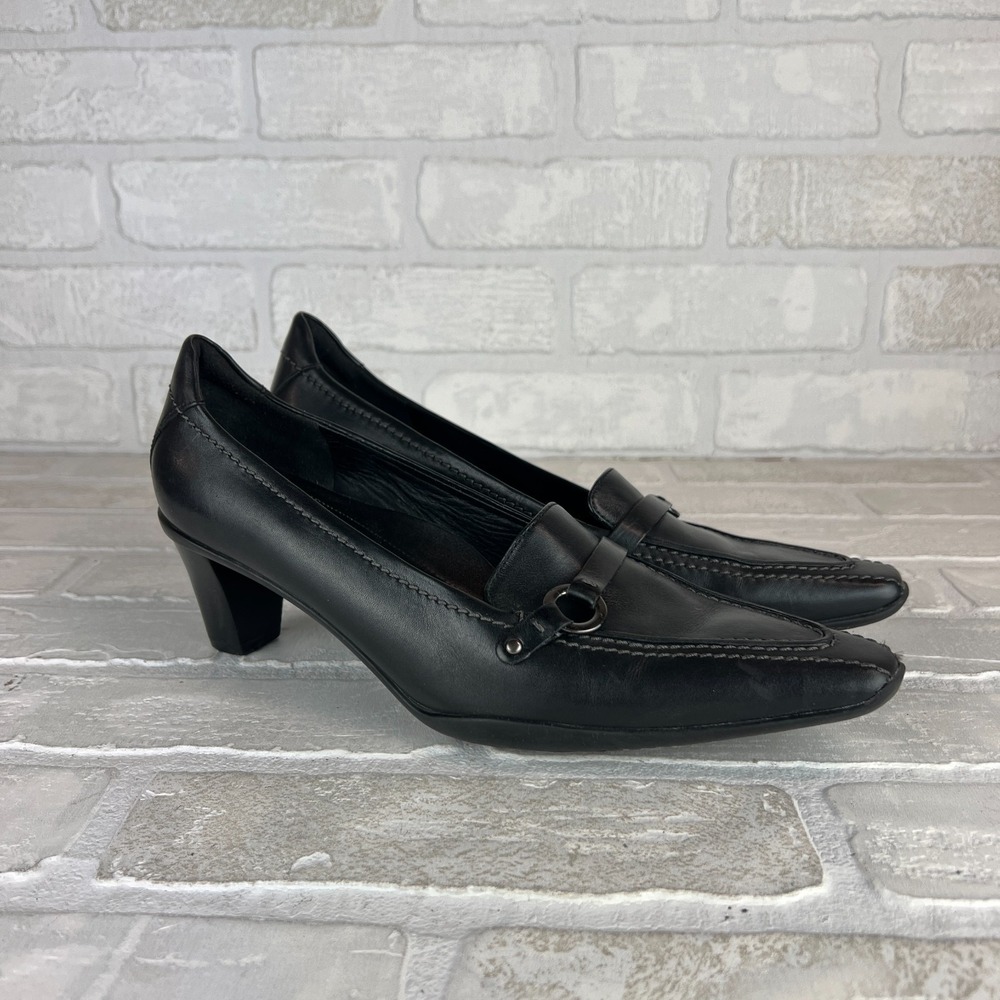ECCO Loafer Pumps Women 7.5 38 Black Leather Pointed Toe Block Heel Strap Office